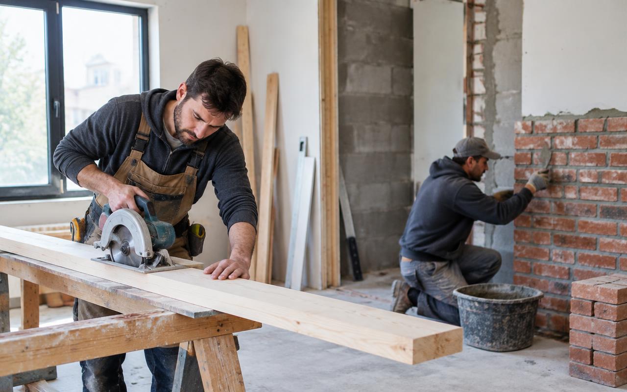 Tømrer skærer træ og murer arbejder på ny væg under renovering