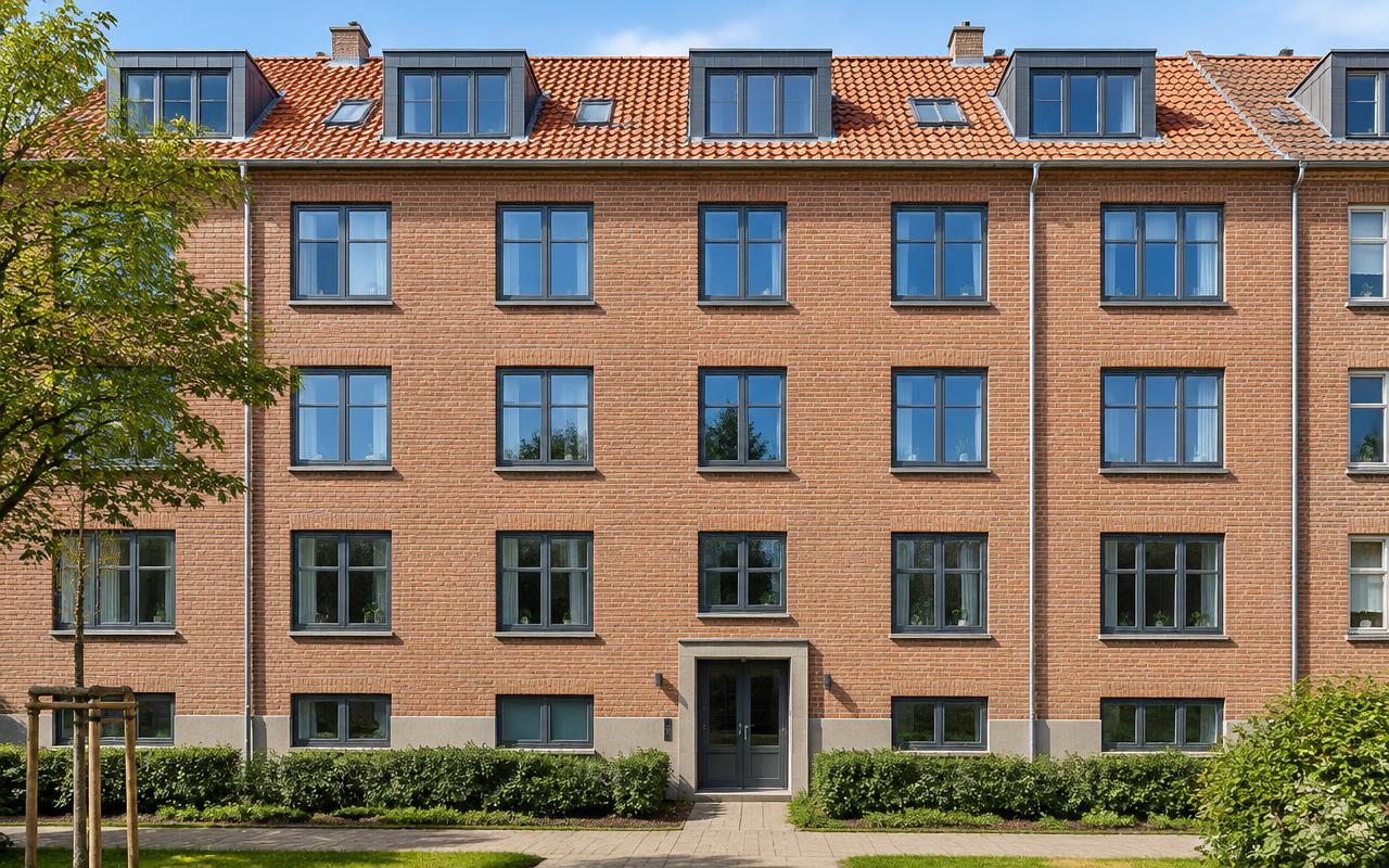 Renoveret rød murstensfacade med nye vinduer