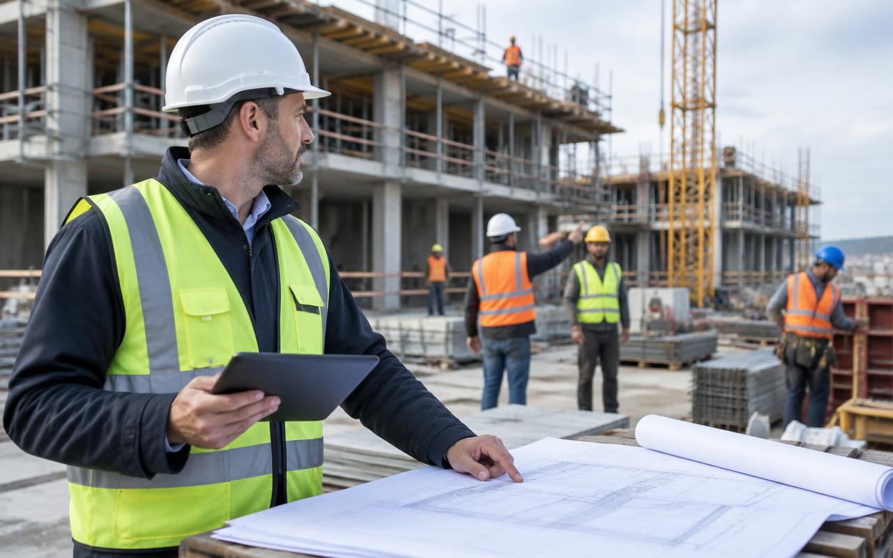 Byggeleder med tablet og tegninger på en større byggeplads